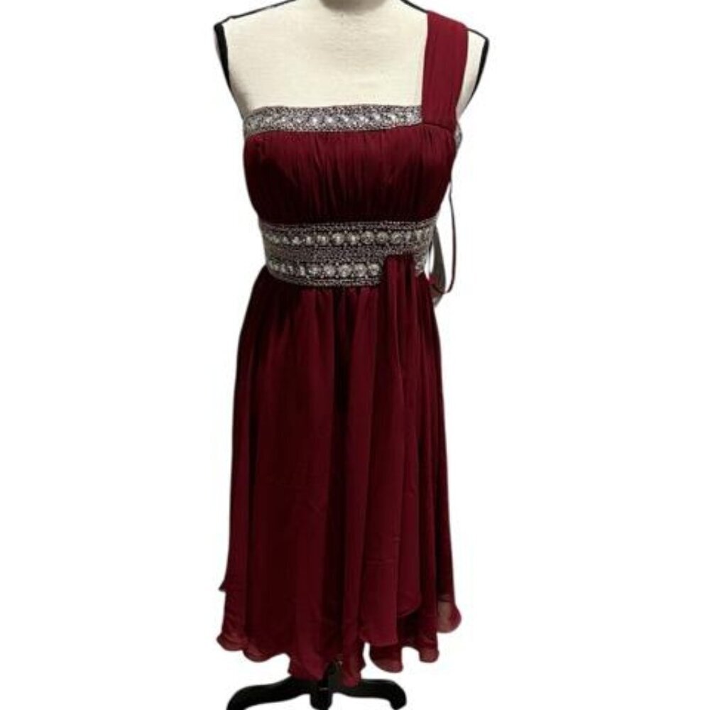 May Queen Burgundy Wine One Shoulder Strap Bejeweled Chiffon Dress